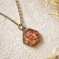 Real Dried Flowers in Resin Necklace, Hexagon in Pinks and White Mix - Thumbnail 2