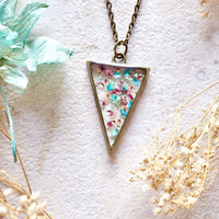 Real Dried Flowers in Resin Necklace, Triangle in Pink Blue Mint - Thumbnail 3