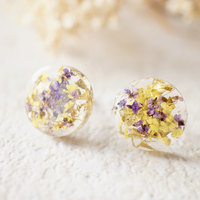Real Dried Flowers and Resin Circle Stud Earrings in Purple, Yellow and Gold Flakes - Thumbnail 3