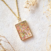 Real Dried Flowers in Resin Necklace, Gold Rectangle in Pink Green Orange Mix - Thumbnail 4