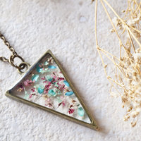 Real Dried Flowers in Resin Necklace, Triangle in Pink Blue Mint - Thumbnail 4