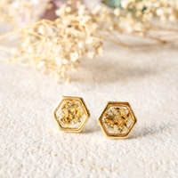 Real Dried Flowers and Resin Hexagon Gold Stud Earrings in Yellow and White - Thumbnail 4