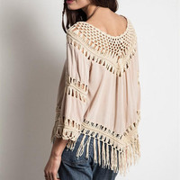 Ladies Cream Boho Crochet Fringe Blouse/Tunic - Thumbnail 1