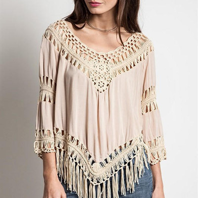 Ladies cream boho crochet fringe blouse/tunic