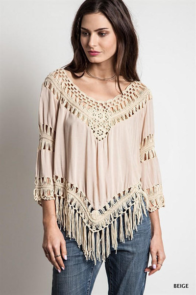 Ladies Cream Boho Crochet Fringe Blouse/Tunic