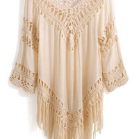 Ladies Cream Boho Crochet Fringe Blouse/Tunic - Thumbnail 2