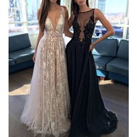 Lace prom dresses, long prom dresses, deep v neck prom dress, unique prom dress, elegant prom dress, floor length prom dress, evening dress, PD15200 - Thumbnail 1