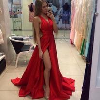 Sexy Red Prom Dress Evening Dress Halter High Split Satin Crisscross Back Long Prom Dresses Evening Dresses