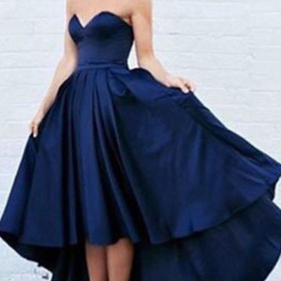 Dark navy hi-lo prom dress sweetheart asytermmerical satin prom dresses - Thumbnail 4