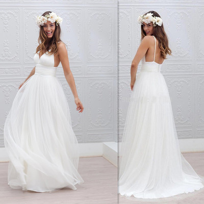 Sexy Beach Wedding Dress White Deep V-neck Backless Long Wedding Dresses Bridal Gown