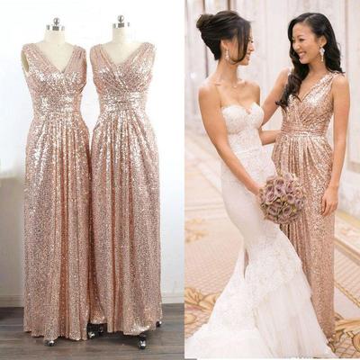 Champagne bling luxury brridesmaid dress v-neck long sequined bridesmaid dresses