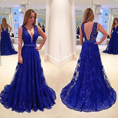 Charming lace prom dress,royal blue prom dress,lace formal gown,long pageant gown - Thumbnail 5