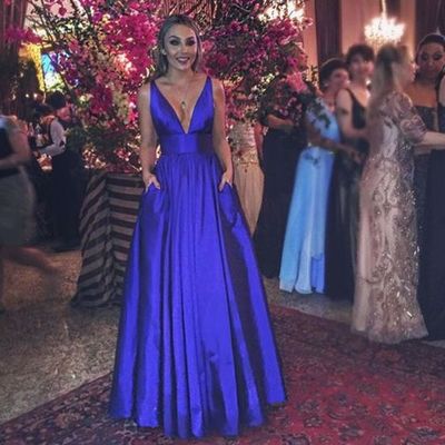 Royal blue prom dress,sexy v-neckline evening dress,discount graduation dress