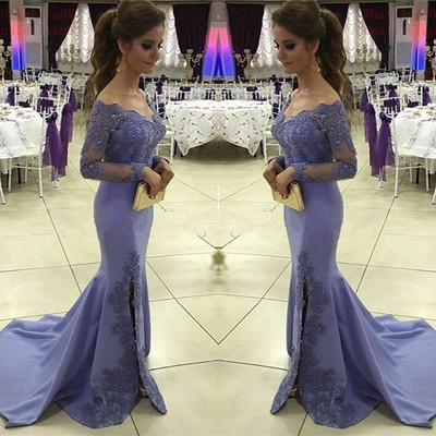 Mermaid prom dress,sexy mermaid slit evening dress,mermaid long sleeves lace wedding guest dress