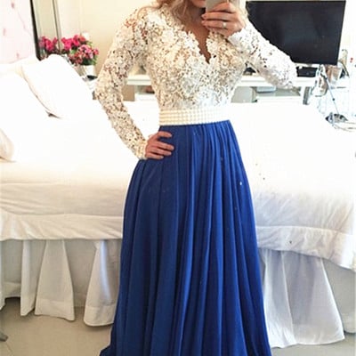 Long sleeves lace chiffon prom dresses, v neck sexy evening gowns,cheap prom dress 2017