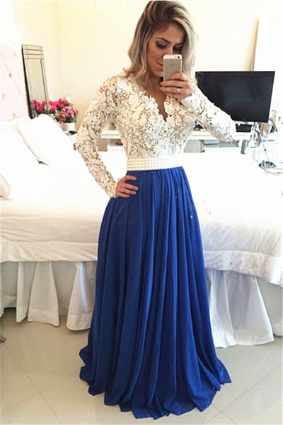 Long Sleeves Lace Chiffon Prom Dresses, V Neck sexy Evening Gowns,cheap prom dress 2017