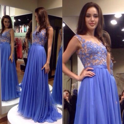 Floral lace illusion prom dresses , cap sleeve tank chiffon prom dress,lace prom dress 2017