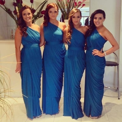 Teal Blue Sheath Bridesmaid Dress with a Ribbon, Asymmetric Chiffon Bridesmaid Dresses,cheap bridesmaid dress