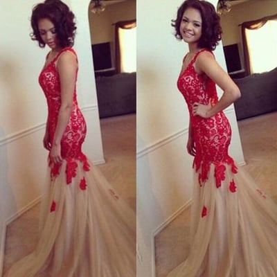 Tulle prom dress with red floral lace, mermaid prom dresses, sleeveless v-neck prom dresses