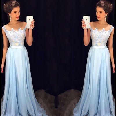Lace Applique Light Blue Prom Dress , Chiffon Prom Dresses, Cheap A-line Prom Dresses,2017 prom dress