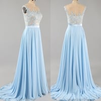 Lace Applique Light Blue Prom Dress , Chiffon Prom Dresses, Cheap A-line Prom Dresses,2017 prom dress - Thumbnail 1