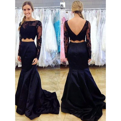 Two Piece Prom Dress, Long Sleeve Lace Prom Dresses, Navy Blue Prom Dress,prom dress 2017