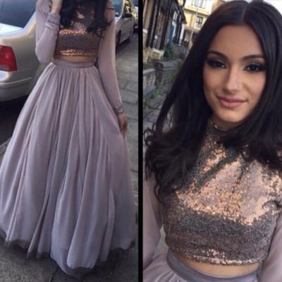 Long sleeve prom dress, sequin prom dress, unique 2017 prom dress, two piece prom dress