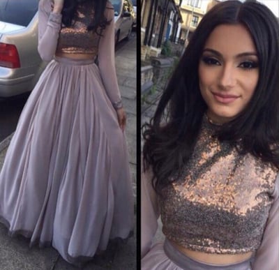 long sleeve prom dress, Sequin prom dress, unique 2017 prom dress, Two piece prom dress