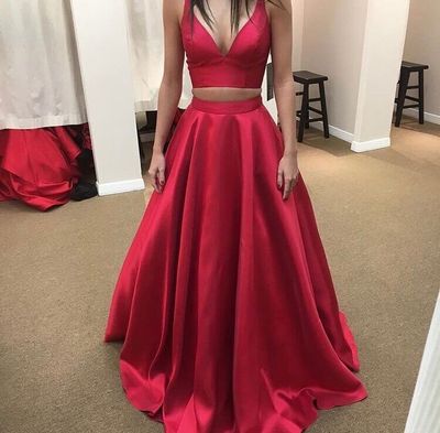 Red  two pieces chiffon long prom dress,red formal dresses