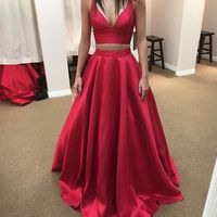 Red  two pieces chiffon long prom dress,red formal dresses - Thumbnail 1
