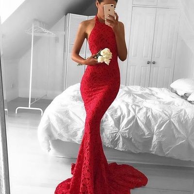Sexy red mermaid lace prom dress long prom dress,red evening dresses