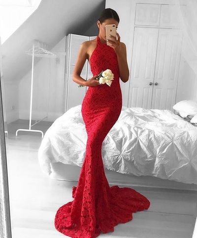 Sexy red mermaid lace prom dress long prom dress,red evening dresses