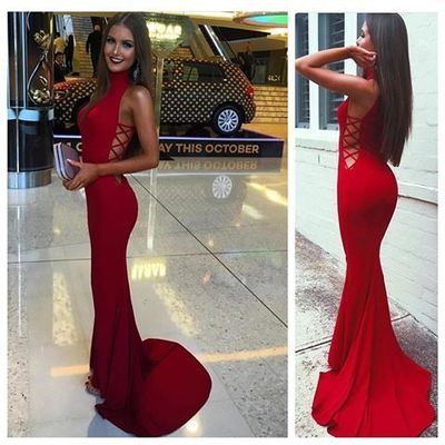 Mermaid prom dress,sexy halter neckline evening dress,mermaid red prom dress