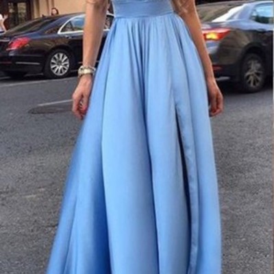 A line slit evening dress,ice blue lace prom dress,sexy slit prom gown
