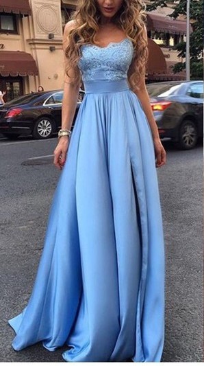 A line Slit Evening Dress,Ice Blue Lace Prom Dress,Sexy Slit Prom Gown