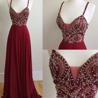 Burgundy v neck long prom dress with beading,burgundy evening dresses