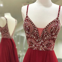 Burgundy v neck long prom dress with beading,burgundy evening dresses - Thumbnail 1