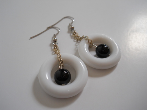 White Ring and Black Bead Earrings