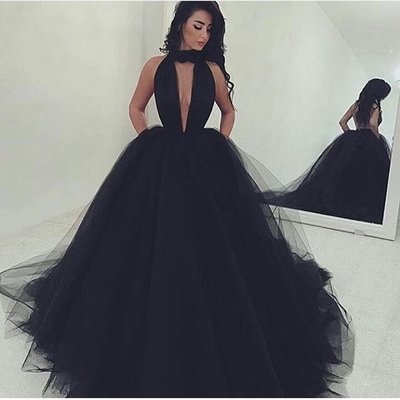 Sexy Prom Dress,V-neck Long Prom Dress,Black Tulle 2017 Prom Dress