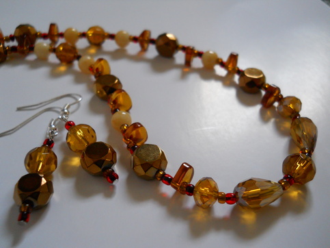 Amber Glow Bead Necklace and Earrings