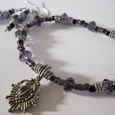 Purple crystal bead necklace and earrings