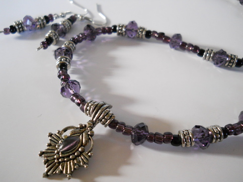 Purple Crystal Bead Necklace and Earrings