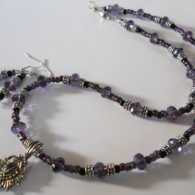 Purple crystal bead necklace and earrings