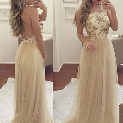 Sexy champagne tulle evening dress, a line open back prom dress