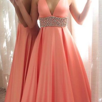 A line v-neckline evening dress,sexy v-back prom dress,a line satin formal dress