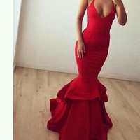 Red mermaid long prom dress,red evening dresses - Thumbnail 1