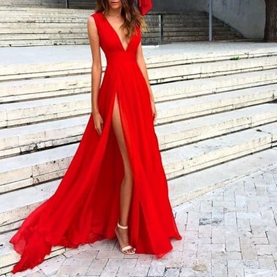 Red v neck long prom dress ,red evening dresses - Thumbnail 3