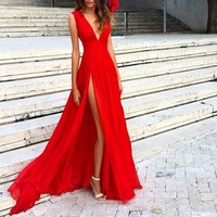 Red v neck long prom dress ,red evening dresses - Thumbnail 1