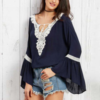 Ladies Navy Boho Chiffon Top - Thumbnail 1