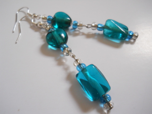 Teal Blue Hearts Bead Earrings